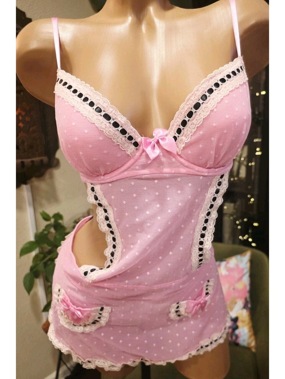 Vtg Y2K Victoria's Secret Sexy Little Things Pink Polka Dot Maid Teddy 34C